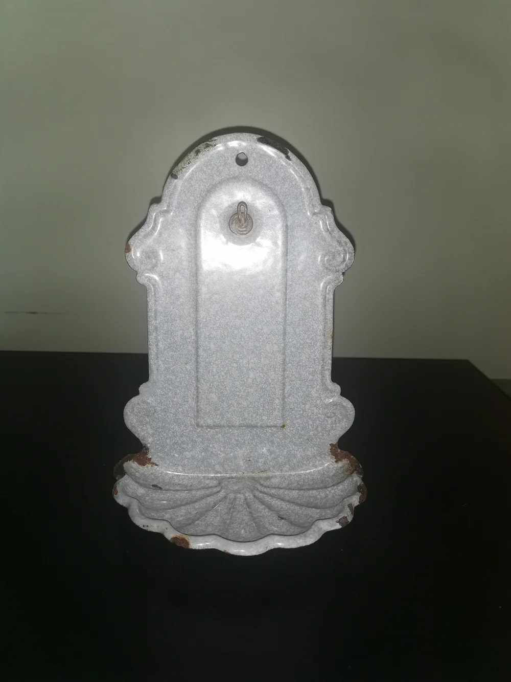 Antique Blue / White Enamel Graniteware Wall Cup & Soap Holder